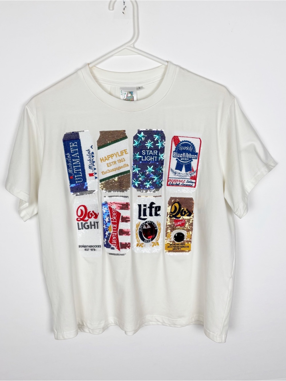 Queen of Sparkles Beer Tee Size Small Sequins White